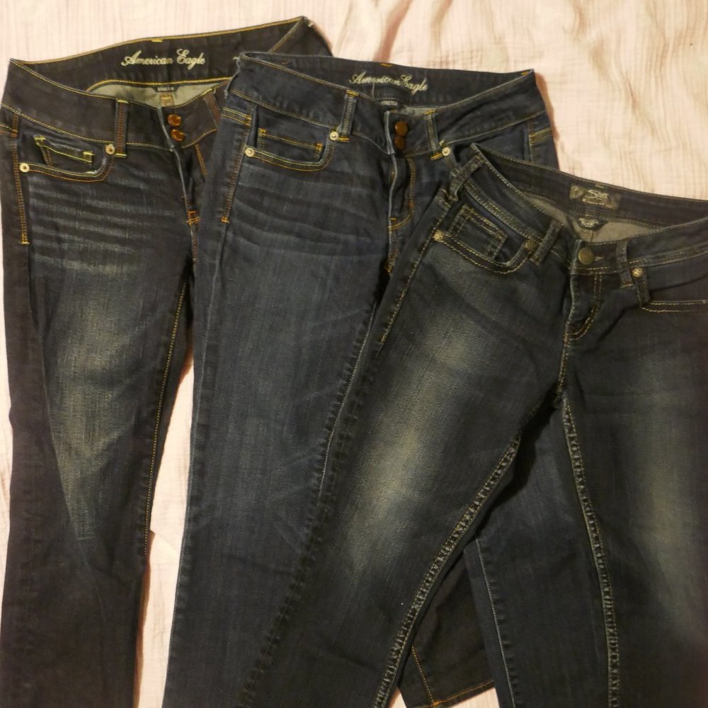 Bundle Lot 3 Jeans American Eagle Silver Crop Artist Aiko Kick Flare 4 27 Dark